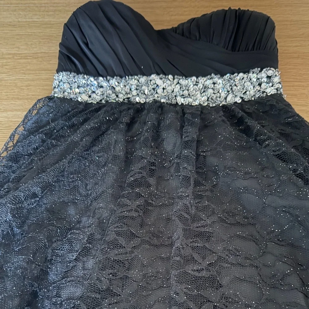 My Michelle Black Strapless Lace Cocktail Dress with Silver Waist Accents Size 5